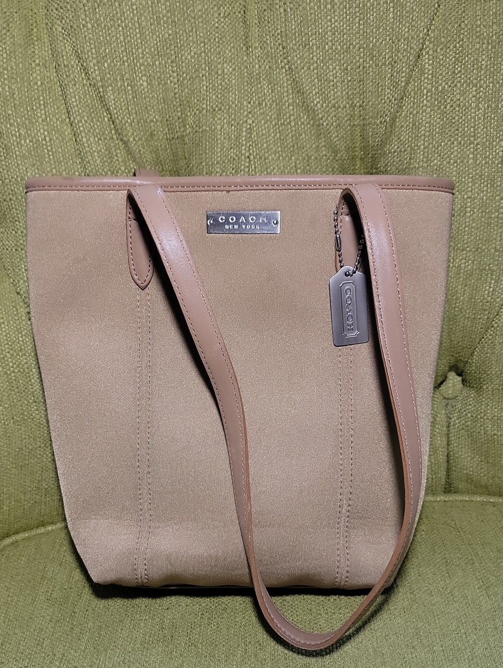 Coach Beige Rylon Shoulder Tote with Leather Trim